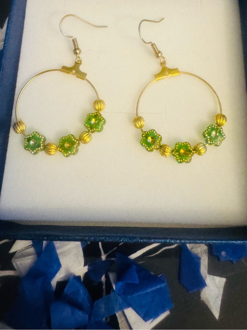 Gold Hoop Earrings with Green Floral Beads by